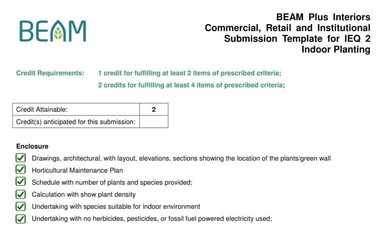 BEAM Plus Interiors Commercial, Retail and Institutional Submission Template for IEQ 2 - Indoor Planting